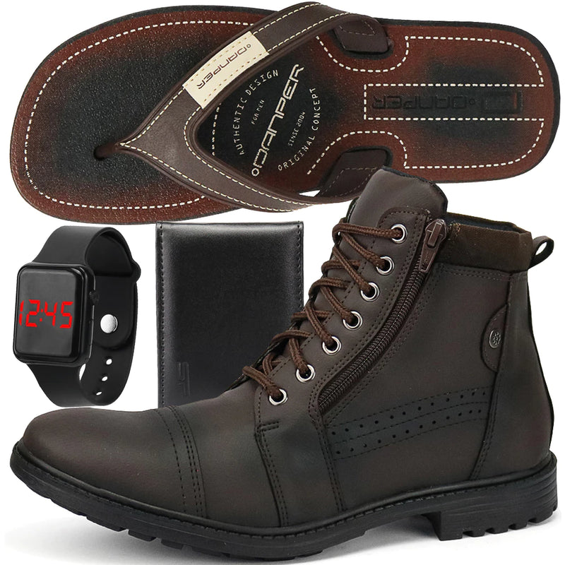 ✂️👞 Kit Bota Coturno Marrom com Chinelo, Carteira e Relógio: Estilo e Conveniência! 🕶️⌚ - Barbeiro Expresso