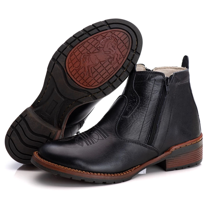 🥾🔒 Bota Botina Preta Cano Curto em Couro Legítimo com Zíper Lateral: Conforto e Praticidade! 🔒🥾 - Barbeiro Expresso
