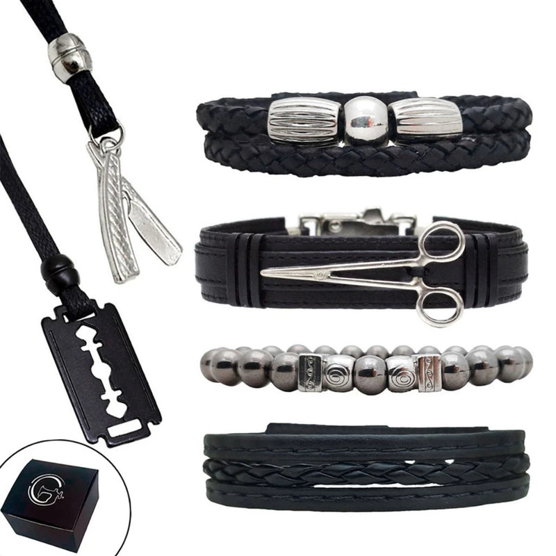 ✂️ Kit Pulseiras Couro C/04+ Colares Barbeiro Ajustável - Barbeiro Expresso