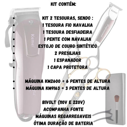 1. 💈 Kit Barbeiro Profissional Matrix. Kemei KM-2600, KM-9163, 2 Tesouras, Pente, Navalhete, Pincel, Capa, Estojo ✂️🧔🏻💼 - Barbeiro Expresso