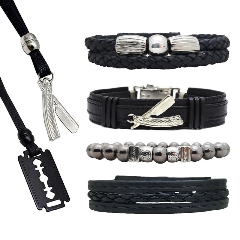 ✂️ Kit Pulseiras Couro C/04+ Colares Barbeiro Ajustável - Barbeiro Expresso