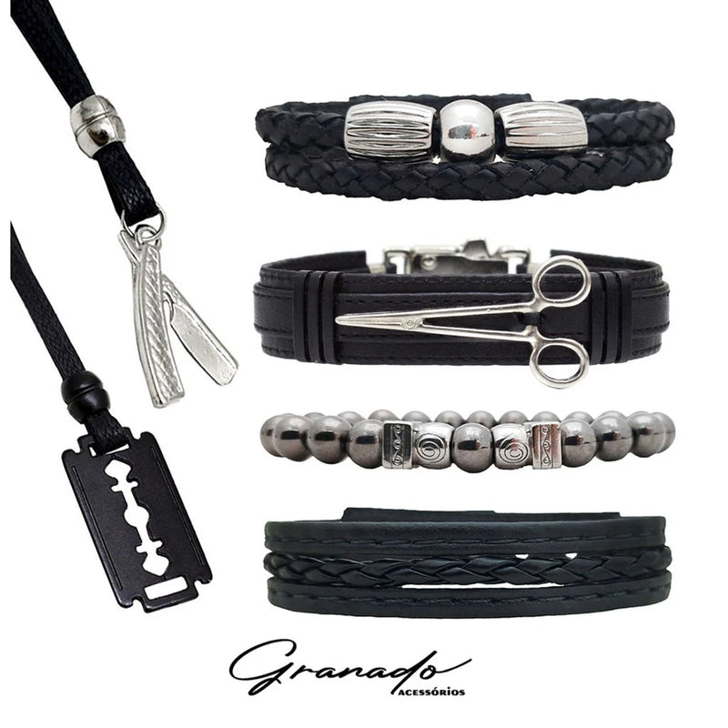 ✂️ Kit Pulseiras Couro C/04+ Colares Barbeiro Ajustável - Barbeiro Expresso